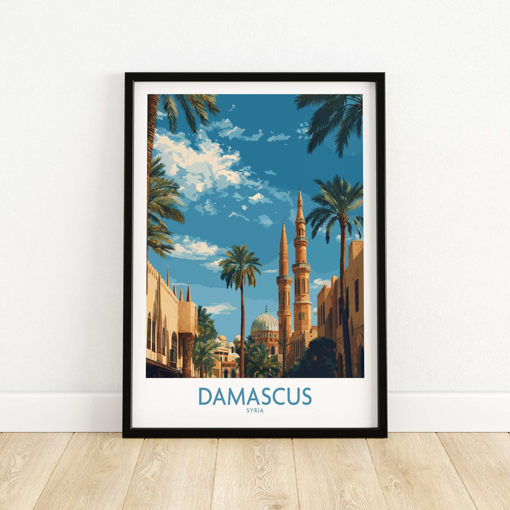 Damascus Umayyad Mosque poster with palm trees, showcasing Syrian cityscape wall decor.