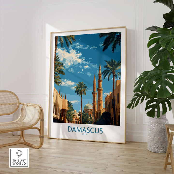 Damascus Umayyad Mosque poster featuring palm trees in a vibrant cityscape design, enhancing home decor.