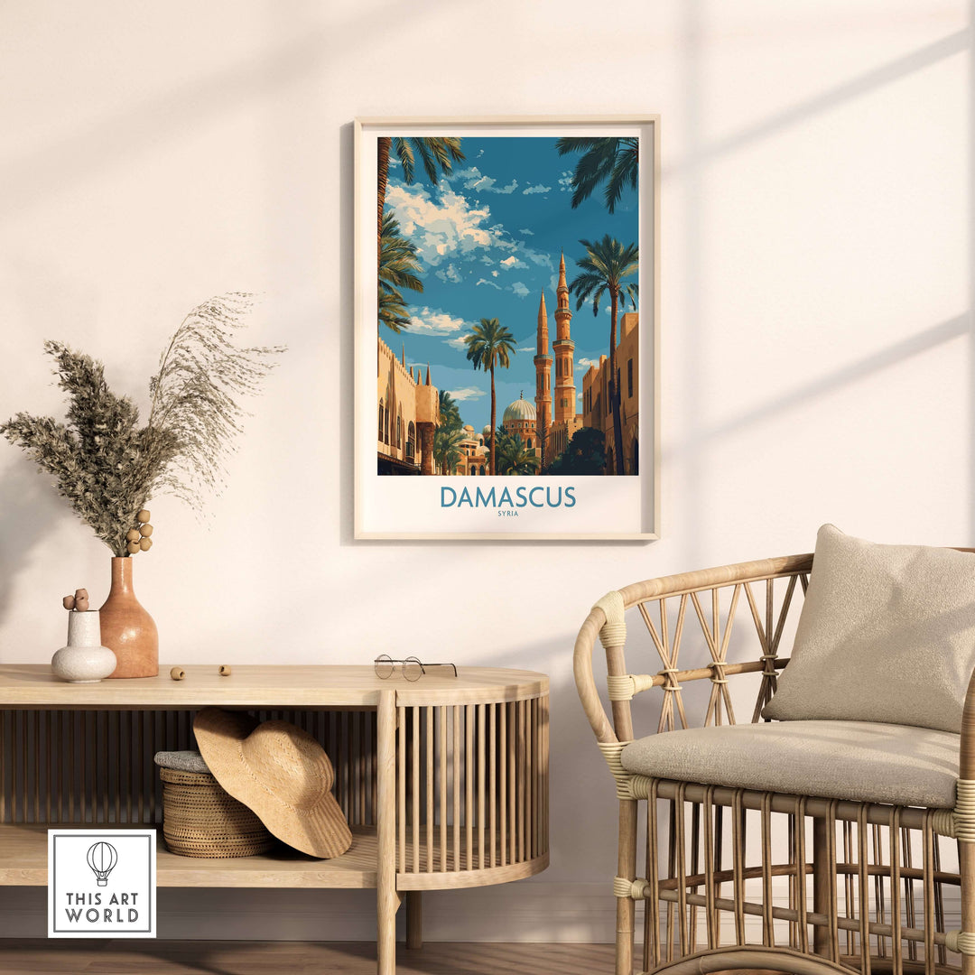 Damascus Umayyad Mosque poster featuring palm trees in a cityscape, displayed in modern home decor.