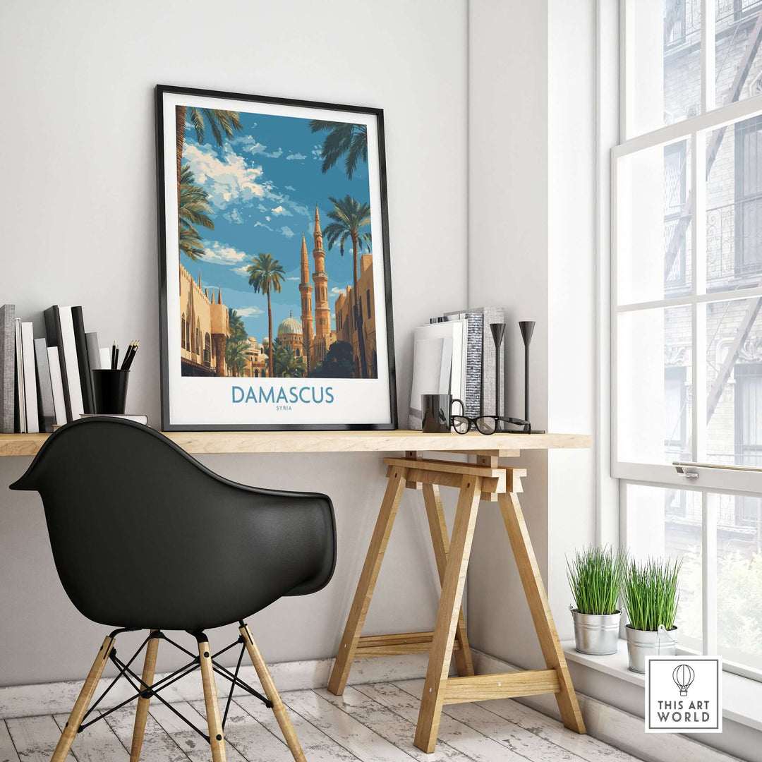 Damascus Umayyad Mosque poster featuring palm trees, displayed in a modern workspace with stylish decor.