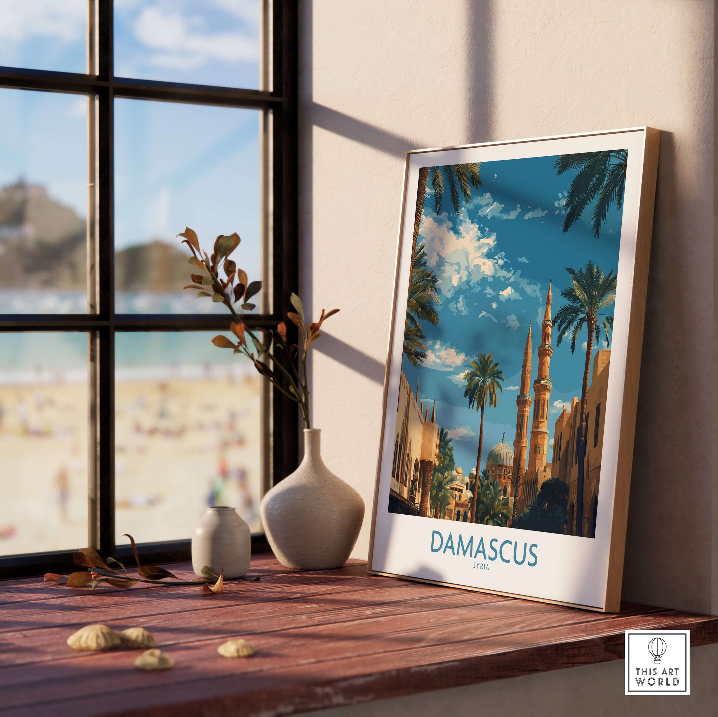Damascus Umayyad Mosque Poster - Syrian Palm Tree Art Print - Cityscape Wall Decor displayed by a window.
