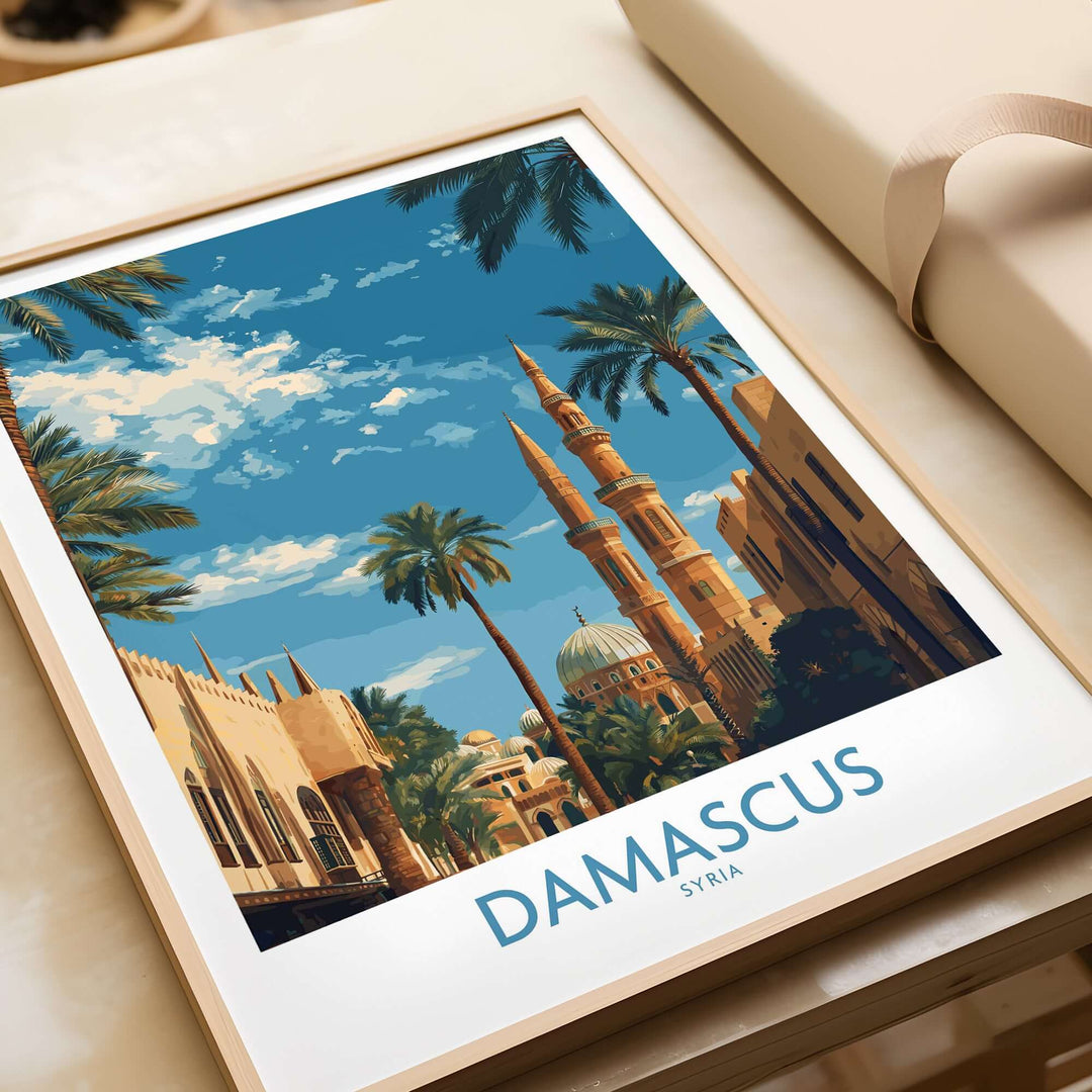 Damascus Umayyad Mosque art print featuring palm trees, vibrant colors, and cityscape decor, perfect for Middle Eastern charm.