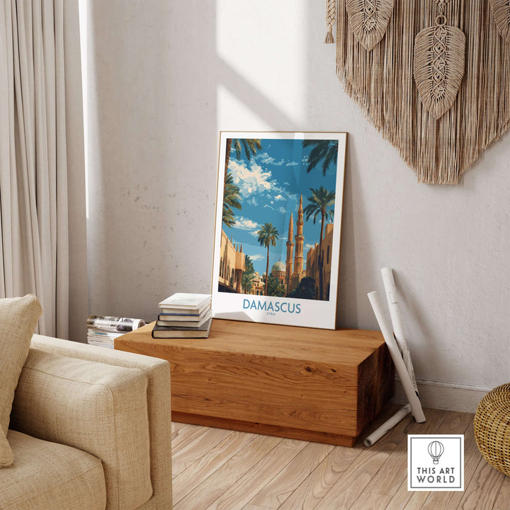 Damascus Umayyad Mosque poster with palm trees in a stylish living room setting.