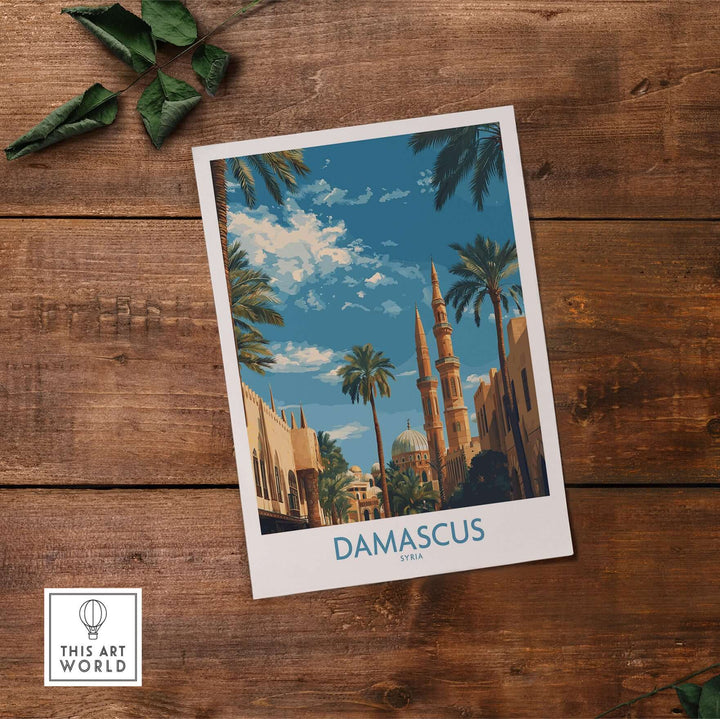 Damascus Umayyad Mosque poster featuring palm trees and cityscape art print, showcasing iconic Syrian architecture.