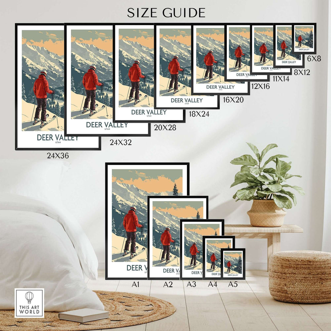 Ski poster size guide featuring Deer Valley, Utah prints with skier in red jacket against mountain backdrop.