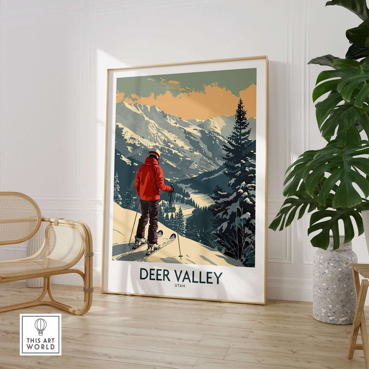 Ski poster featuring a scenic view of Deer Valley, Utah, with a skier in the foreground, perfect for winter sports enthusiasts.