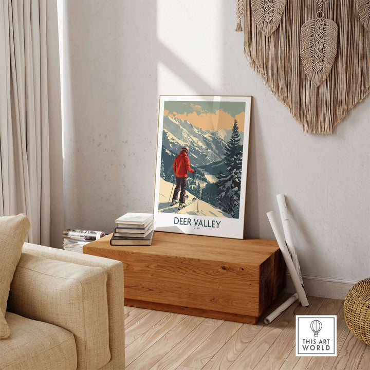 Scenic Deer Valley ski poster in modern living room setting, capturing Utah's snowy mountains and skier.