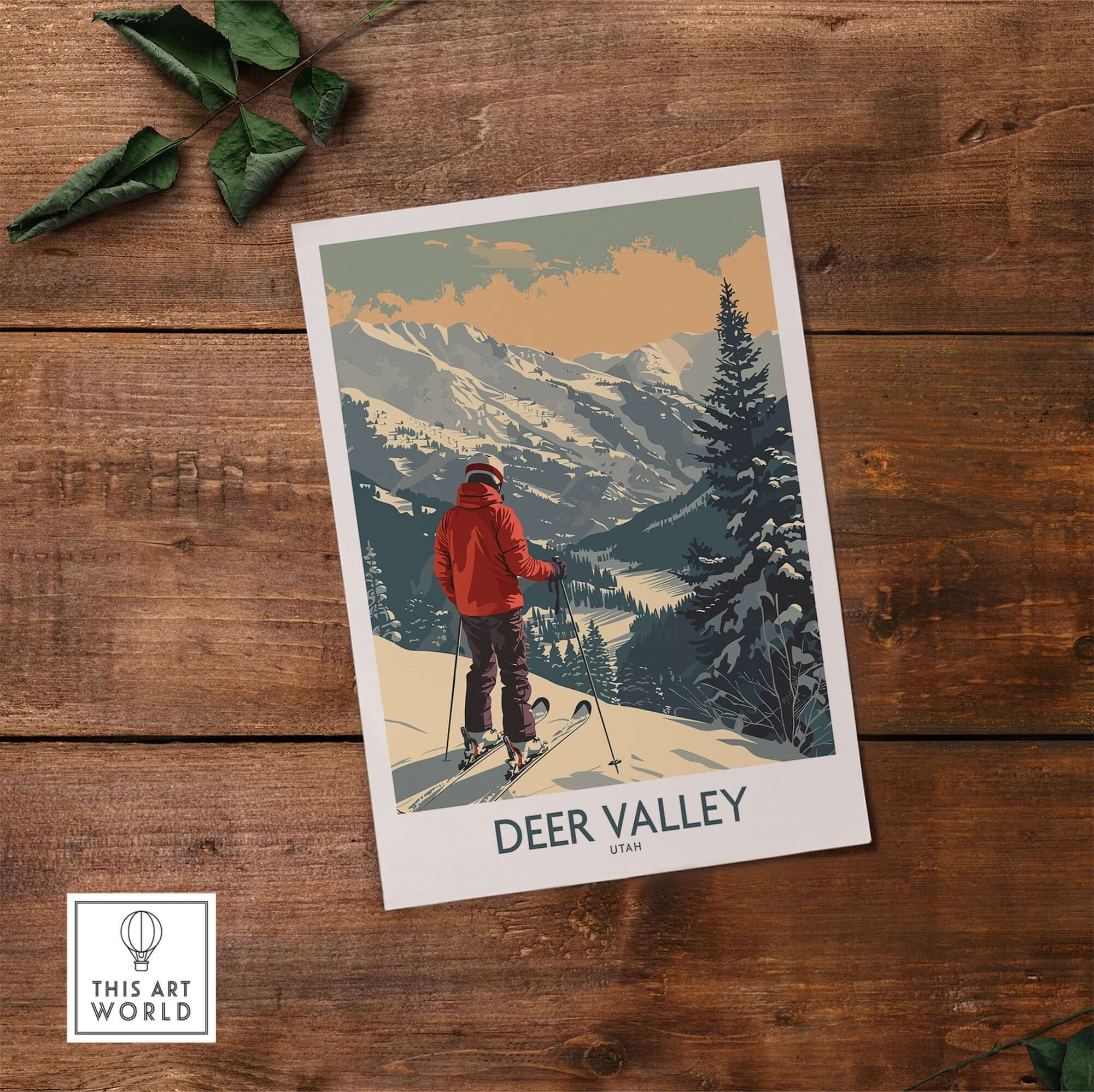 Deer Valley Poster Utah showcasing a skier in a beautiful snowy landscape of Utah mountains.