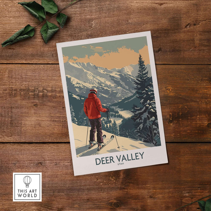 Ski poster of Deer Valley, Utah showcasing a skier in a red jacket overlooking snowy mountains and pine trees, placed on a wooden background.