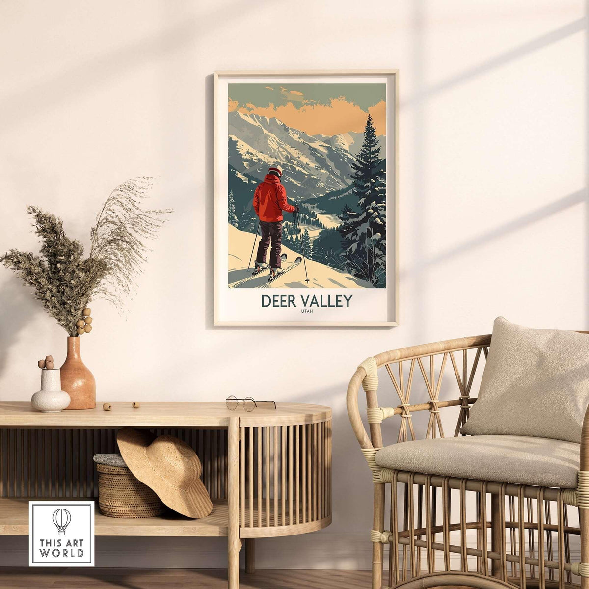 Deer Valley Poster Utah featuring a skier in a stunning mountain landscape, perfect for ski enthusiasts.