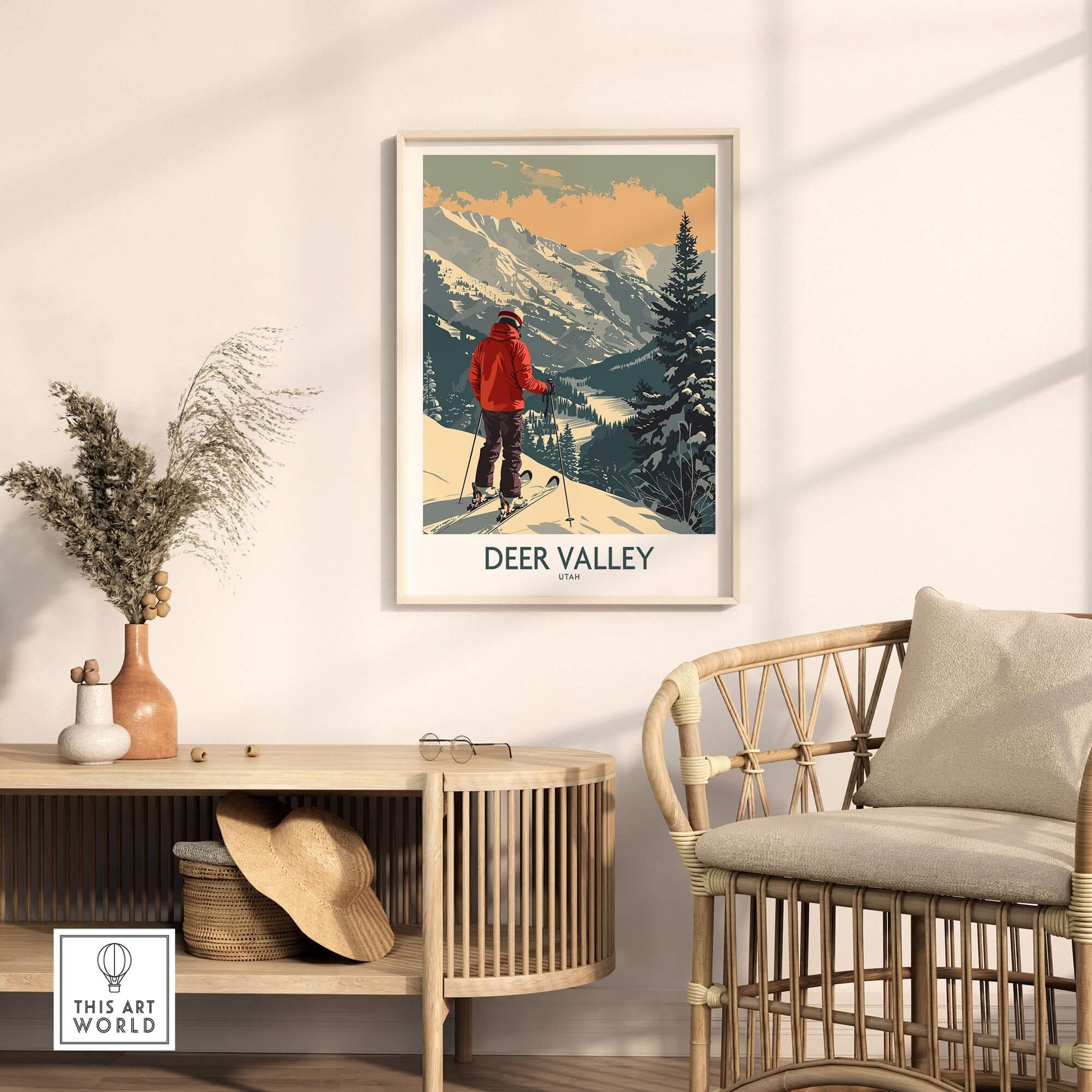 Deer Valley Poster Utah featuring a skier in a stunning mountain landscape, perfect for ski enthusiasts.