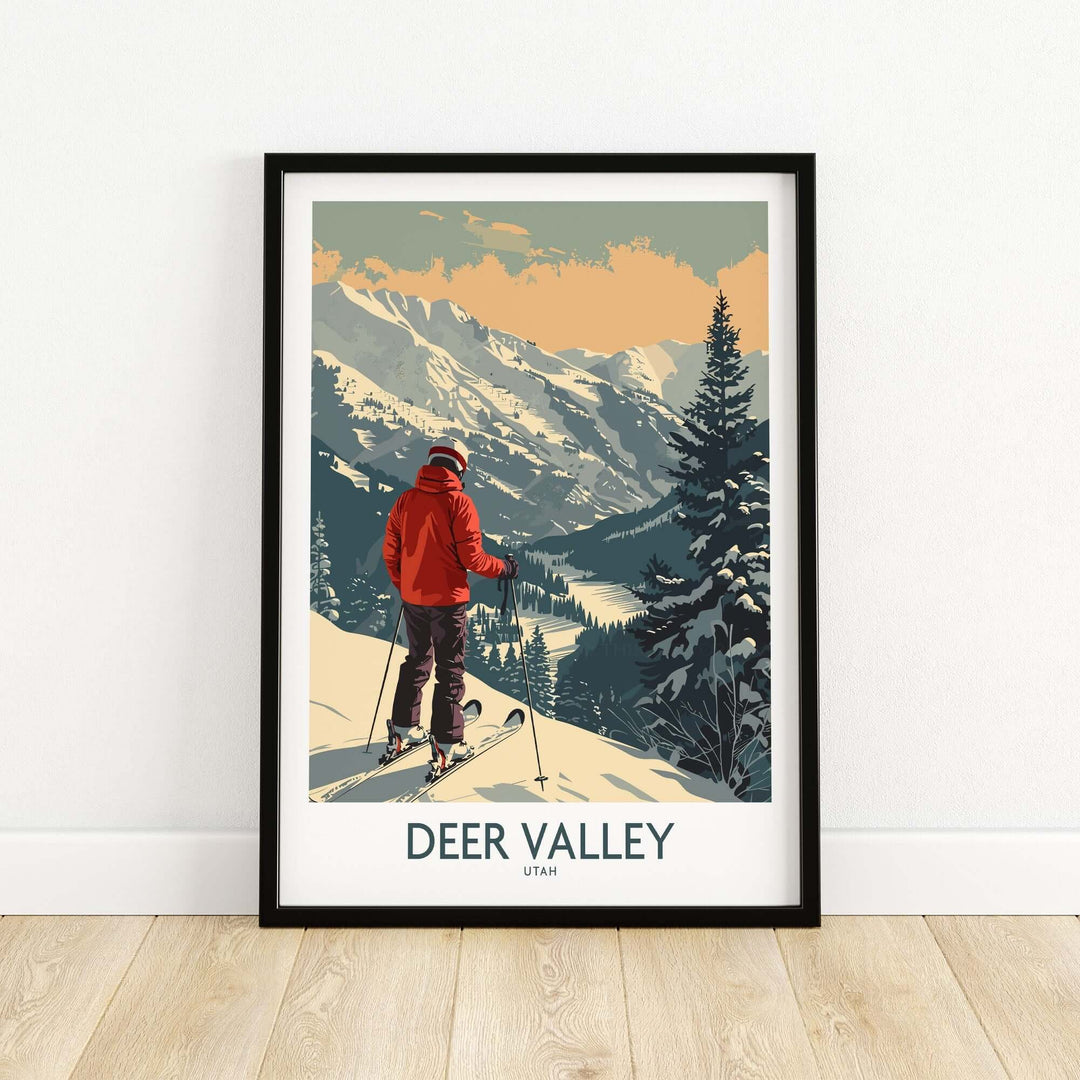 Ski Poster of Deer Valley Utah featuring a skier overlooking snowy mountains and pine trees, perfect for winter sports enthusiasts.