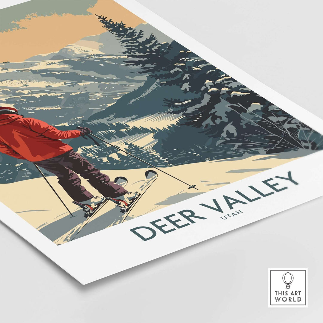 Vintage-style Deer Valley Utah ski poster featuring skier on snowy mountain with pine trees in the background.