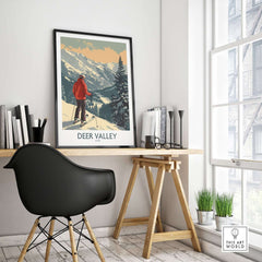 Deer Valley Poster Utah displayed in a modern office setting with a skier and mountain backdrop.