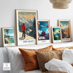 Deer Valley Poster Utah displayed among other travel posters on a stylish shelf, showcasing outdoor adventure and scenic beauty.