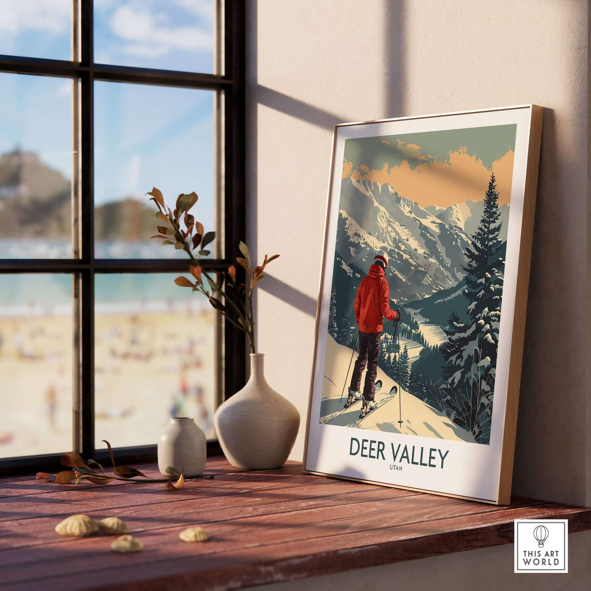 Deer Valley Poster Utah showcasing a skier in a scenic mountain landscape, perfect for ski enthusiasts.