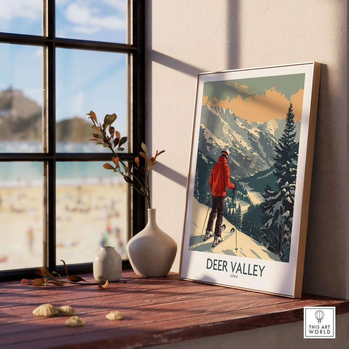 Deer Valley Utah ski poster featuring a skier in red against snowy mountains, displayed on a window ledge with decorative vases.