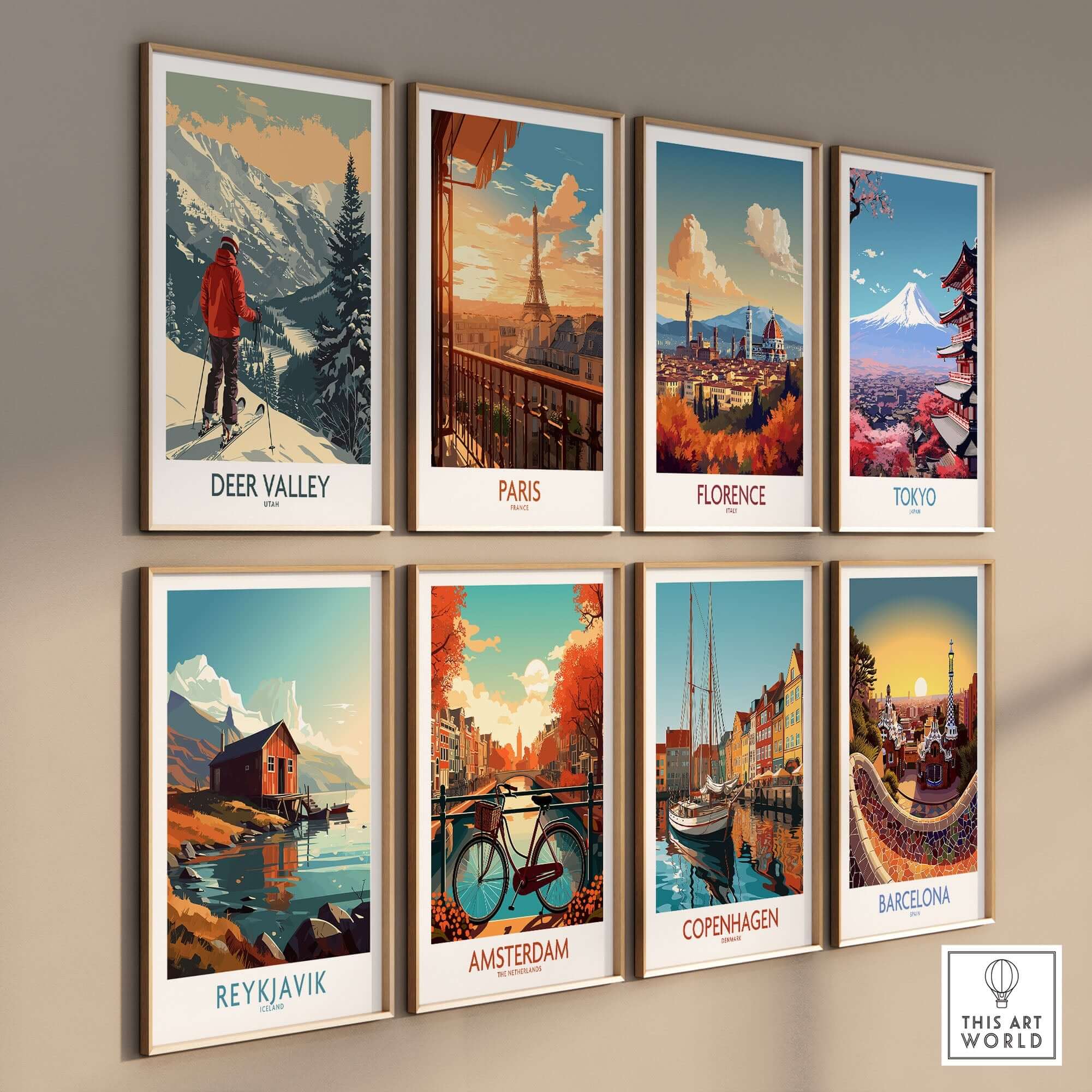 Colorful travel poster collection featuring Deer Valley Poster Utah and iconic landmarks from around the world.