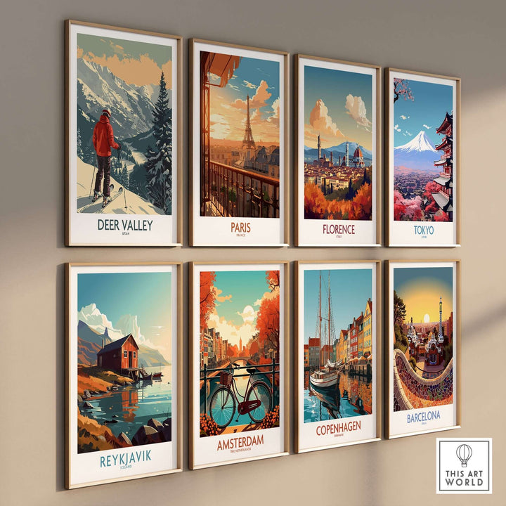 Collection of travel posters featuring vibrant scenes from Deer Valley, Paris, Florence, Tokyo, Reykjavik, Amsterdam, Copenhagen, and Barcelona.