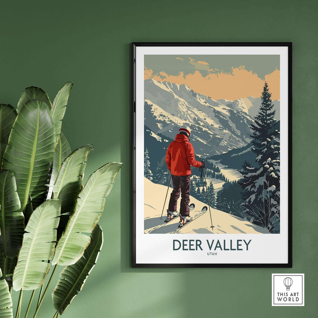 Deer Valley Utah ski poster with skier overlooking snowy mountains, framed and displayed on a green wall with plants nearby.