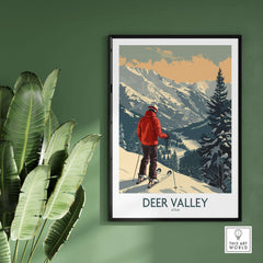 Deer Valley Poster Utah showcasing a skier against a mountainous backdrop in Deer Valley, Utah.