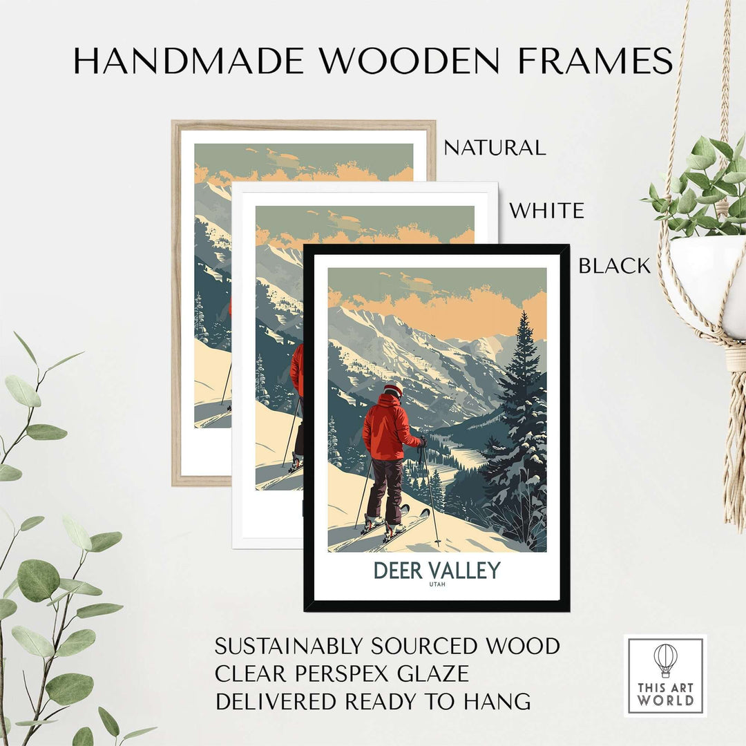 Deer Valley ski poster featuring a skier, available in natural, white, and black handmade wooden frames, perfect for Utah decor.