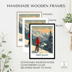 Deer Valley Poster Utah displayed in handmade wooden frames, natural, white, and black options available.