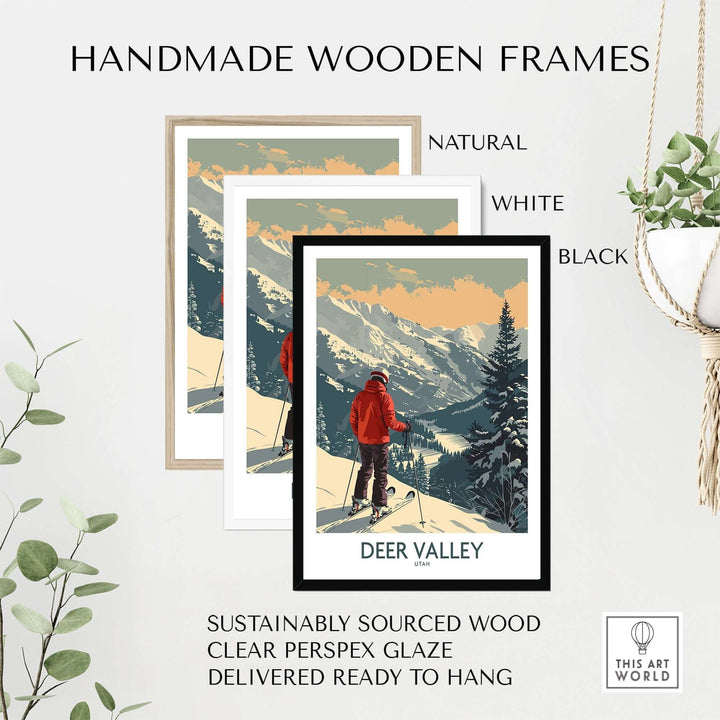 Deer Valley ski poster featuring a skier, available in natural, white, and black handmade wooden frames, perfect for Utah decor.