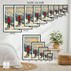 Size guide for various Deer Valley Print Utah poster sizes displayed in a living room setting.