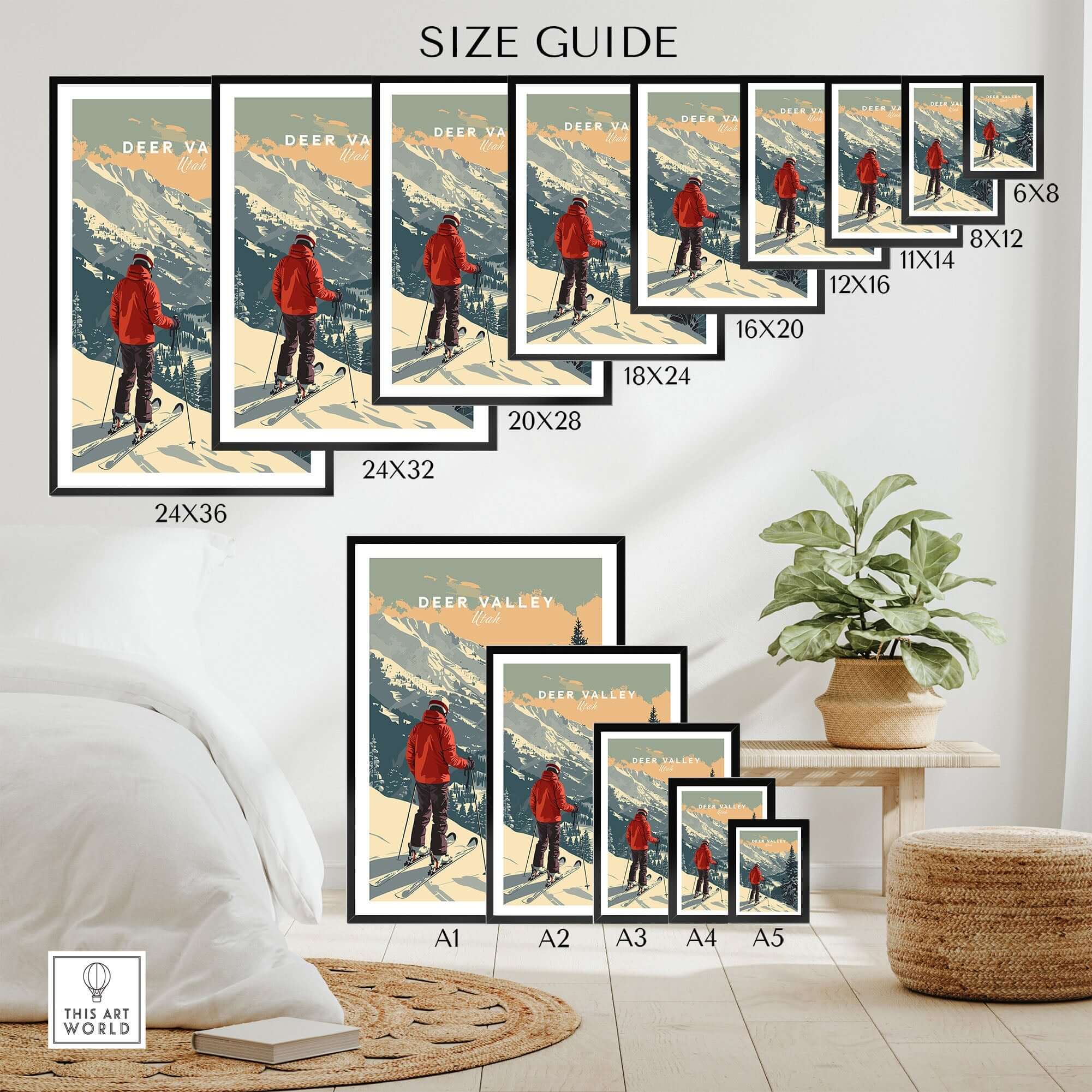 Size guide for various Deer Valley Print Utah poster sizes displayed in a living room setting.
