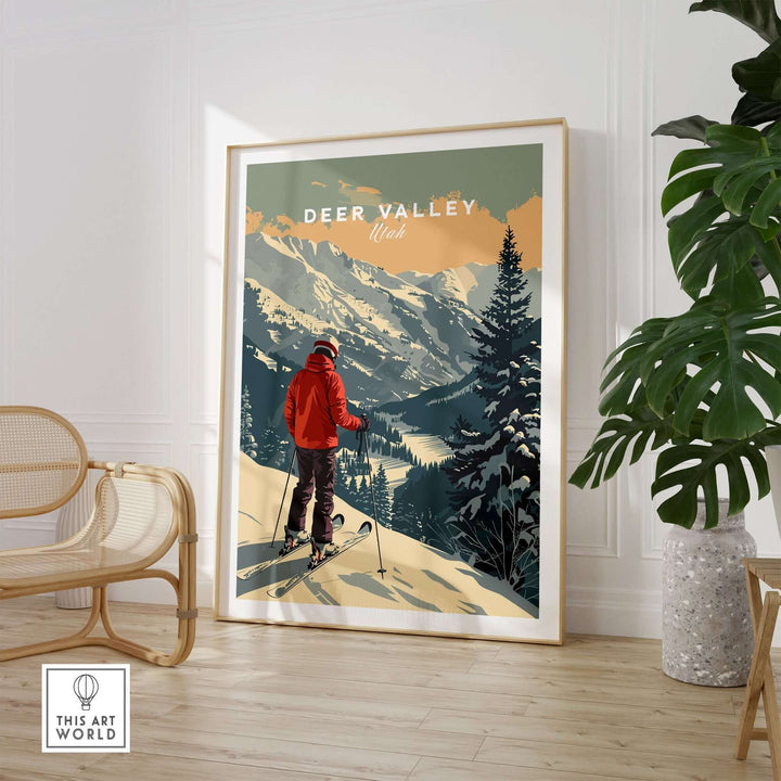 Ski poster depicting Deer Valley, Utah with skier in red jacket overlooking snowy mountain landscape, framed in modern living room.