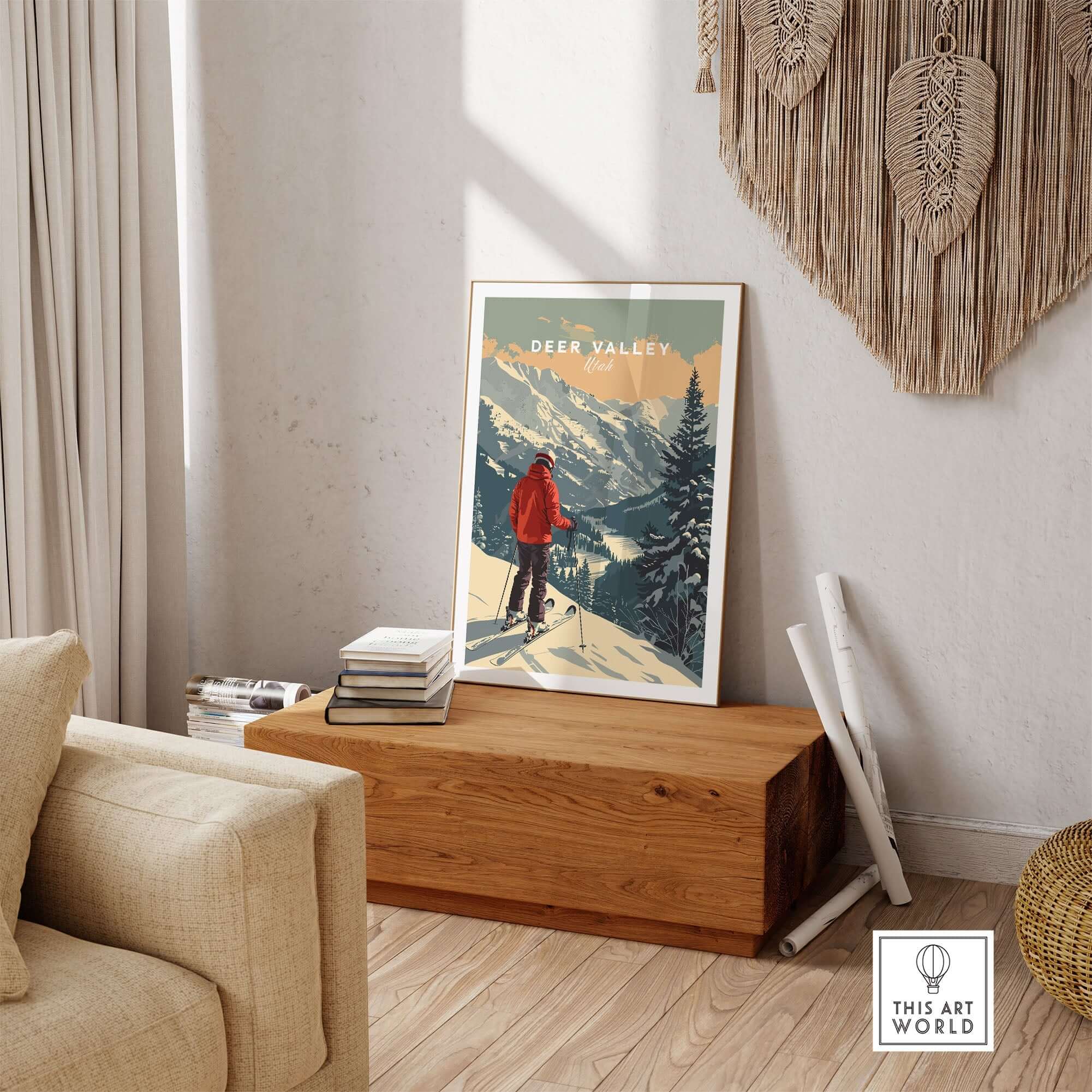 Deer Valley Print Utah ski poster showcasing a skier against majestic mountain backdrop in stylish home decor.