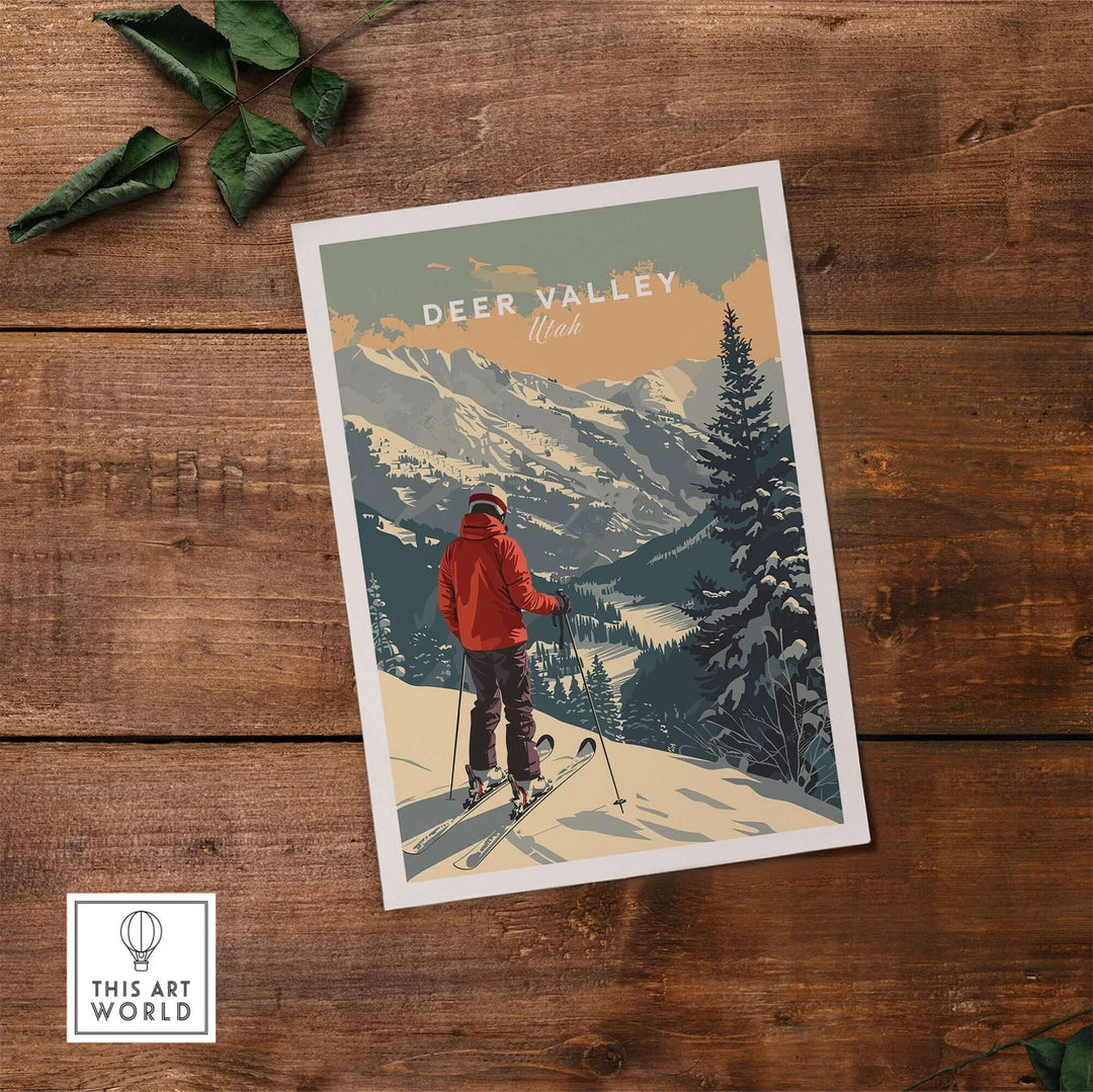 Ski poster featuring Deer Valley, Utah with skier on snowy slope, surrounded by mountains and trees, displayed on wooden surface.