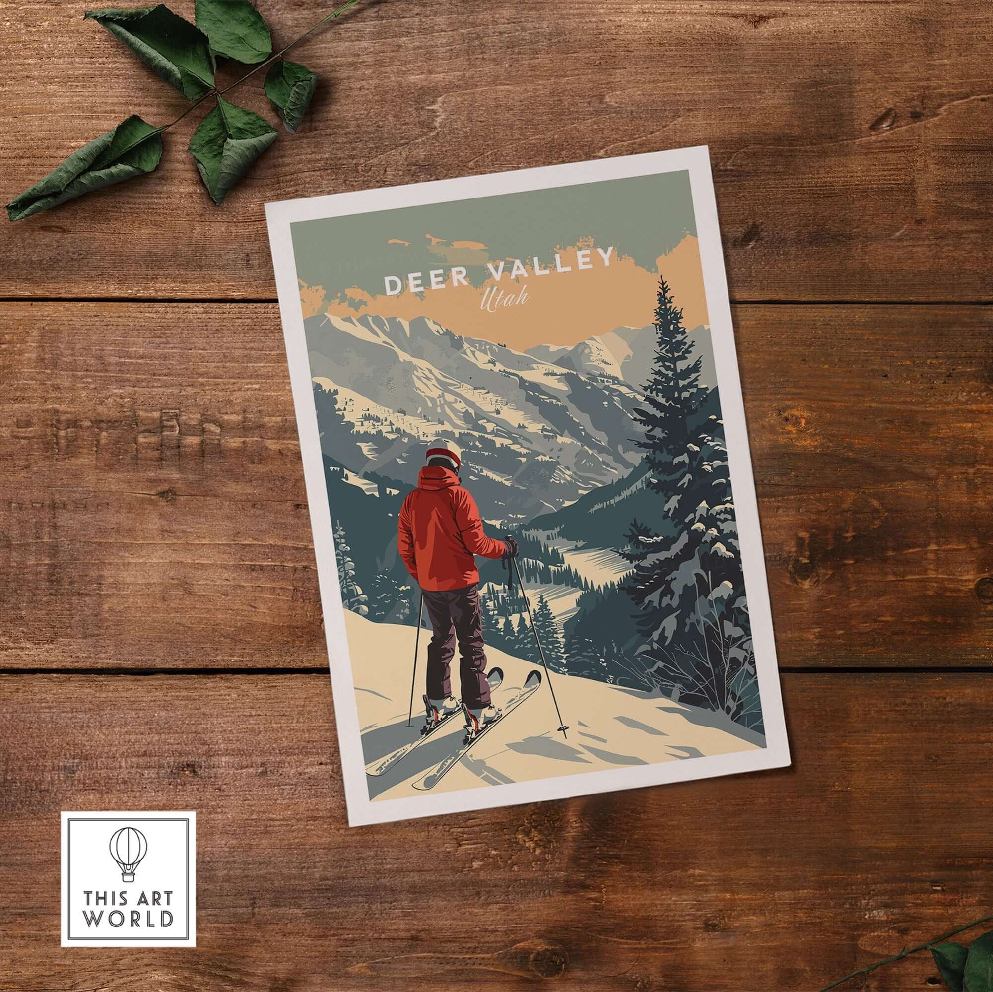 Deer Valley Print Utah ski poster showcasing a skier in a stunning snowy landscape.