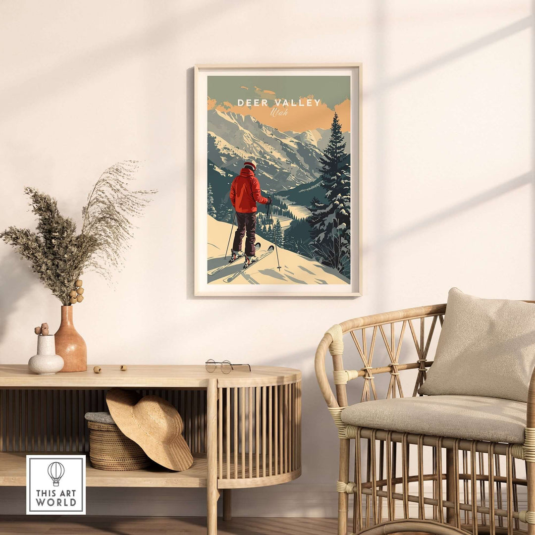 Deer Valley Print Utah Ski Poster in stylish room setting, featuring snow-covered mountains and skier artwork