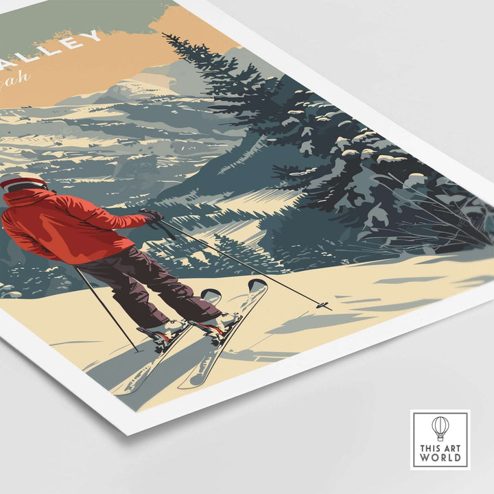 Ski poster featuring a vibrant print of Deer Valley, Utah, with a skier in a red jacket overlooking a snowy landscape.