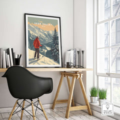 Deer Valley Print Utah displayed in a modern office setting with a skier in the foreground and beautiful mountains.