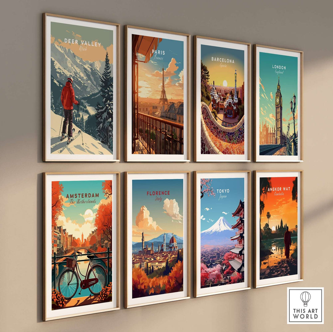 Gallery wall displaying ski posters, including Deer Valley Print, and travel art from cities like Paris and Tokyo.