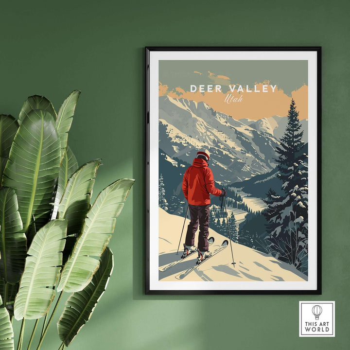 Vintage Deer Valley Utah ski poster featuring a skier in red on a snowy mountain with pine trees, framed on a green wall.