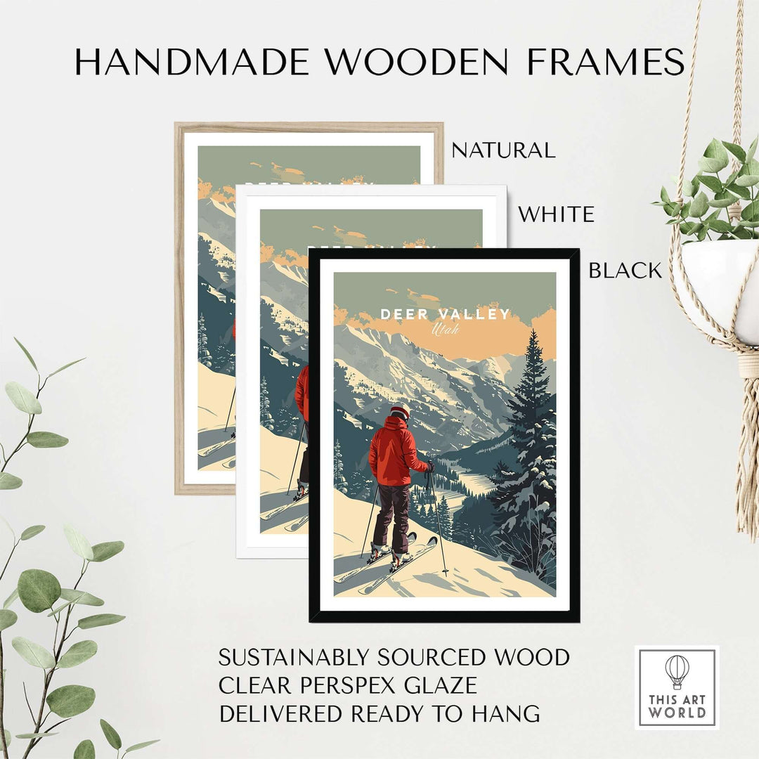 Deer Valley Utah ski poster in natural, white, and black handmade wooden frames, ready to hang with sustainably sourced wood.