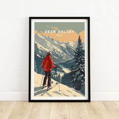 Deer Valley Print Utah ski poster featuring a skier overlooking snowy mountains.