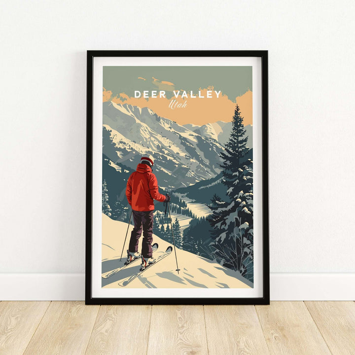 Ski poster featuring Deer Valley, Utah with a skier in a red jacket against a snowy mountain backdrop.