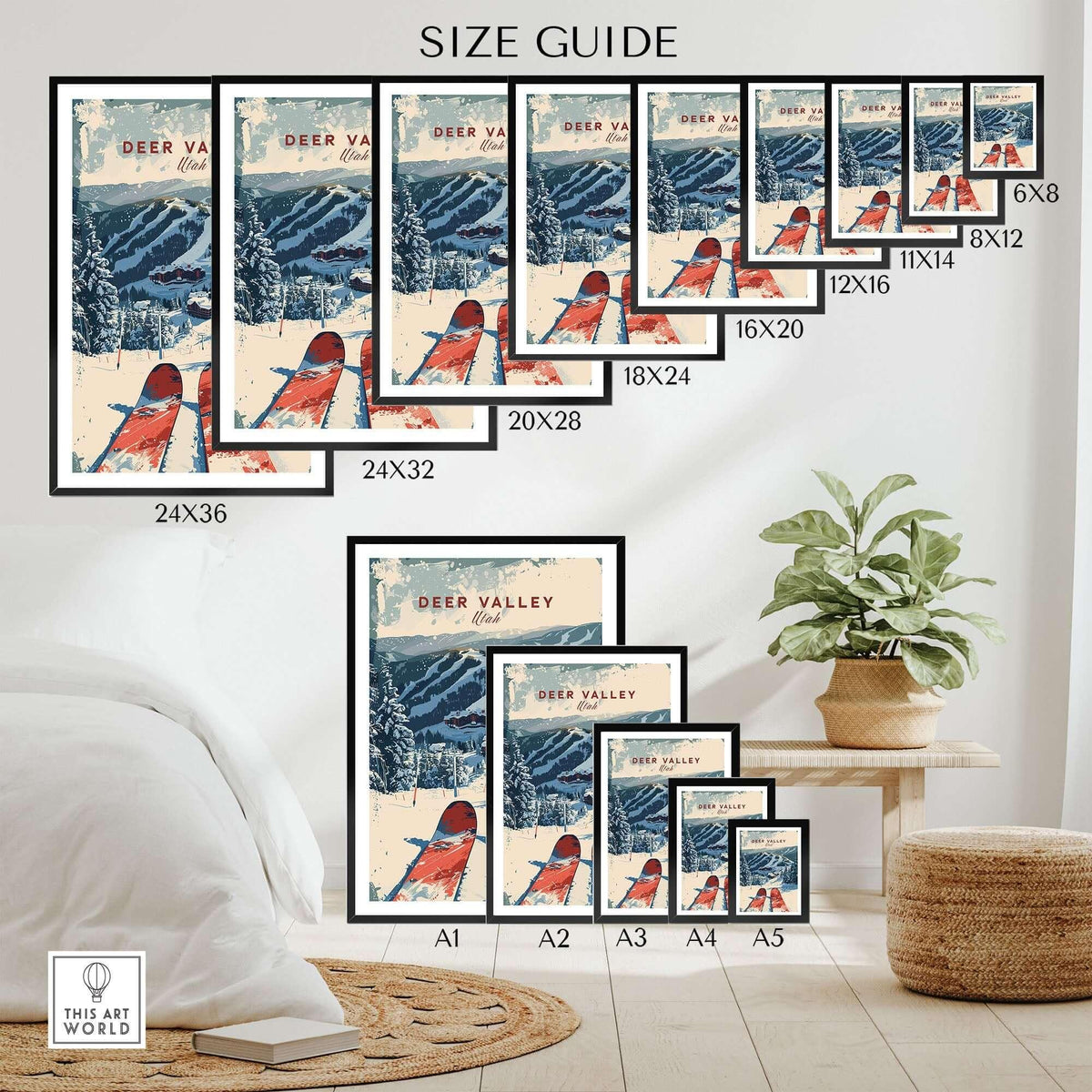 Size guide for Deer Valley Ski Poster showcasing various frame sizes and dimensions for home decor.