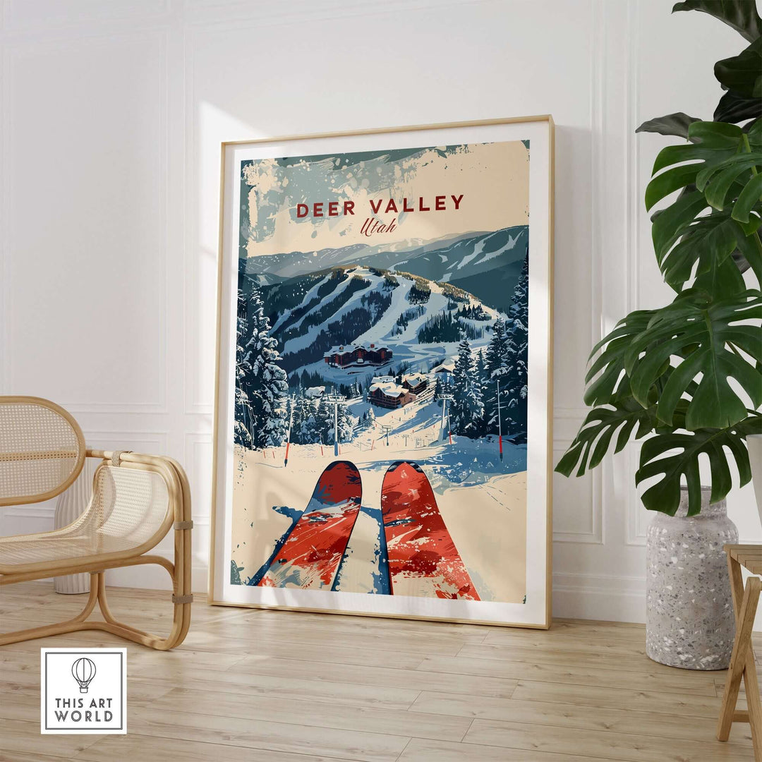 Vintage Deer Valley Ski Poster showcasing snowy slopes and skis, perfect for winter sports enthusiasts and home decor.