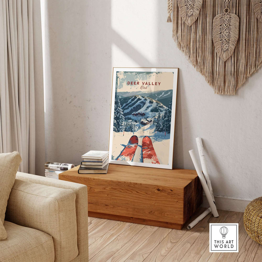 Deer Valley ski poster in stylish living room setting, showcasing scenic mountain trails and snowy landscape.