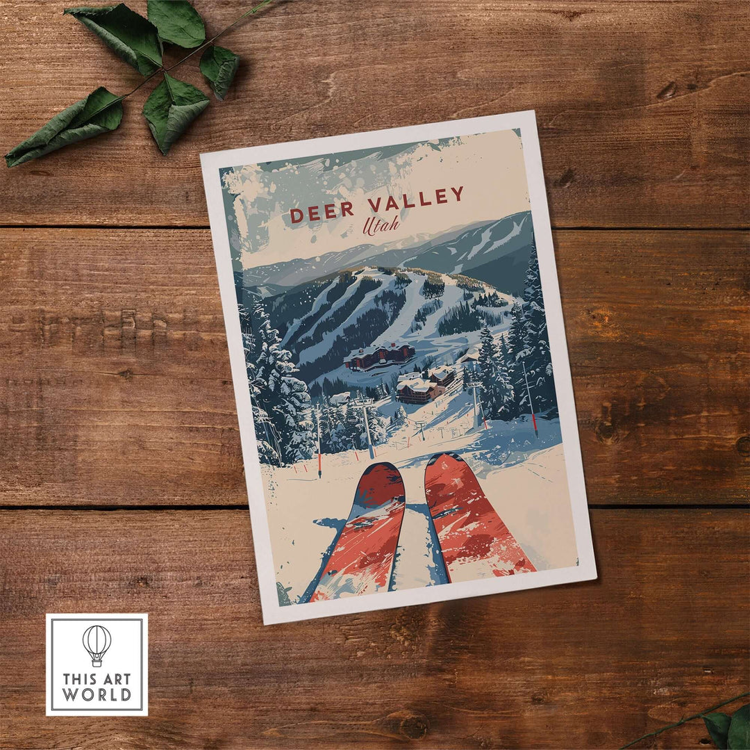 Vintage Deer Valley ski poster featuring snowy slopes and skis, perfect for winter sports enthusiasts and decor lovers.