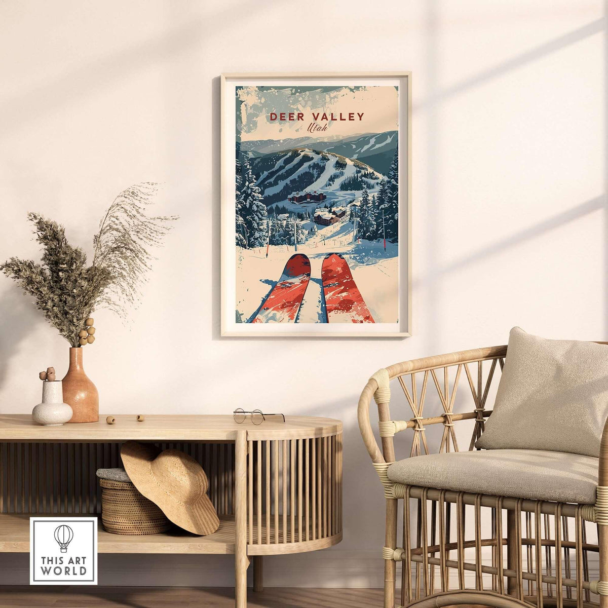 Deer Valley Ski Poster displayed in a stylish living room, showcasing ski slopes and winter scenery.