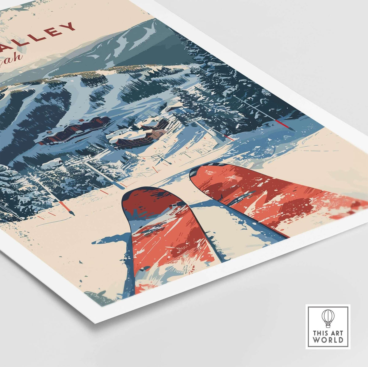 Deer Valley Ski Poster showcasing ski slopes and snow-covered mountains in a vintage design.