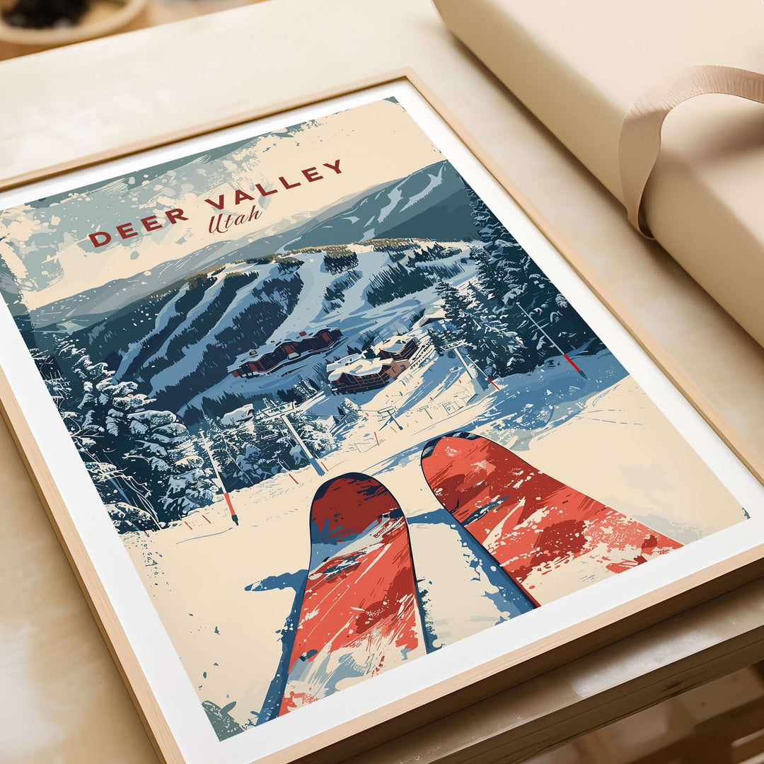 Vintage Deer Valley Utah ski poster featuring snowy slopes and red skis, perfect for winter sports enthusiasts and home decor.