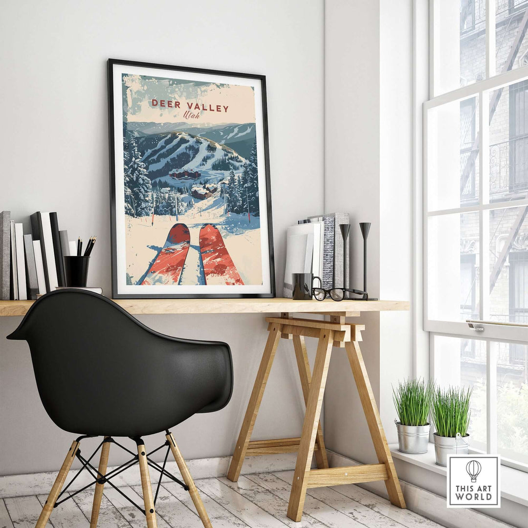 Deer Valley ski poster in modern interior, showcasing scenic ski view with chair and desk setup.